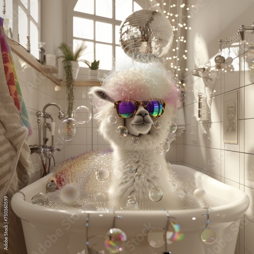 A luxury bathtub scene filled with bubbles, sparkling lights, and a disco ball reflecting a festive mood