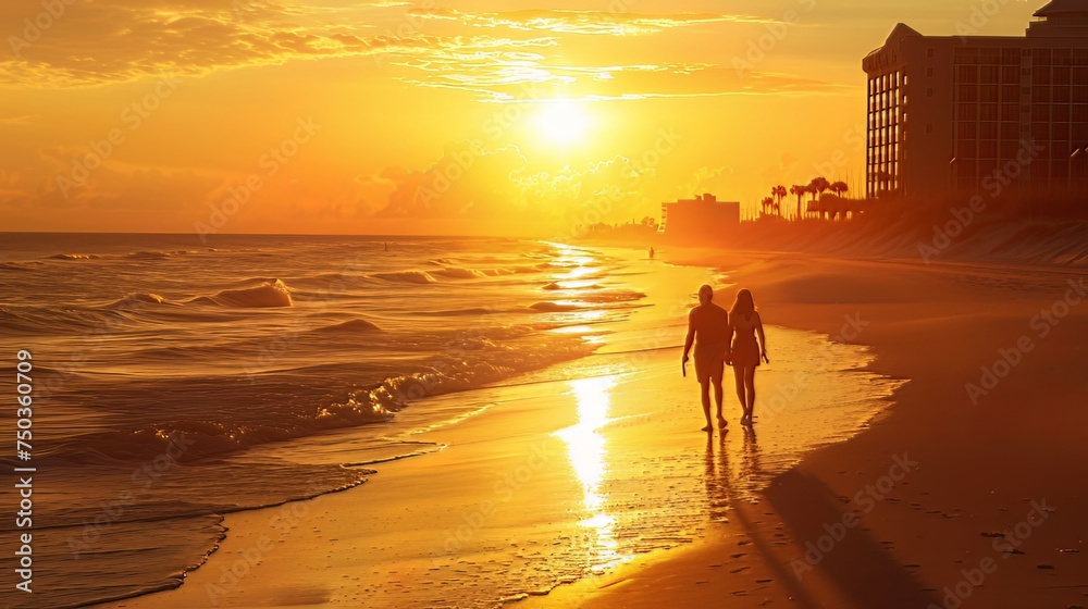 A couple enjoys the beach at sunset, with the sun descending on the ocean horizon and a hotel as the picturesque backdrop. A couple enjoys the beach at sunset, with the sun descending on the ocean horizon and a hotel as the picturesque backdrop.