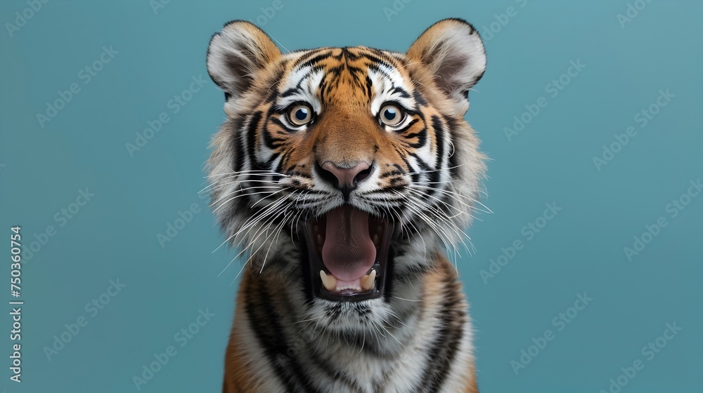 Obraz premium Angry Tiger Yawning in High Resolution Blue Background