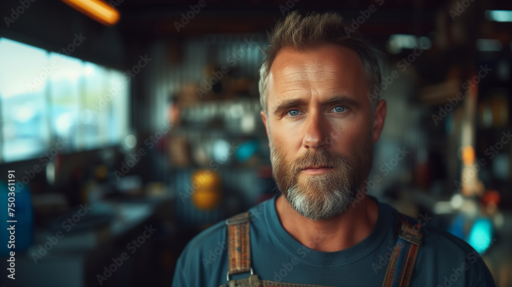 Mechanic in a garage looking at camera