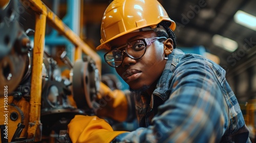 An African American engineer tests a futuristic bionic exoskeleton and picks up metal objects in a heavy steel factory