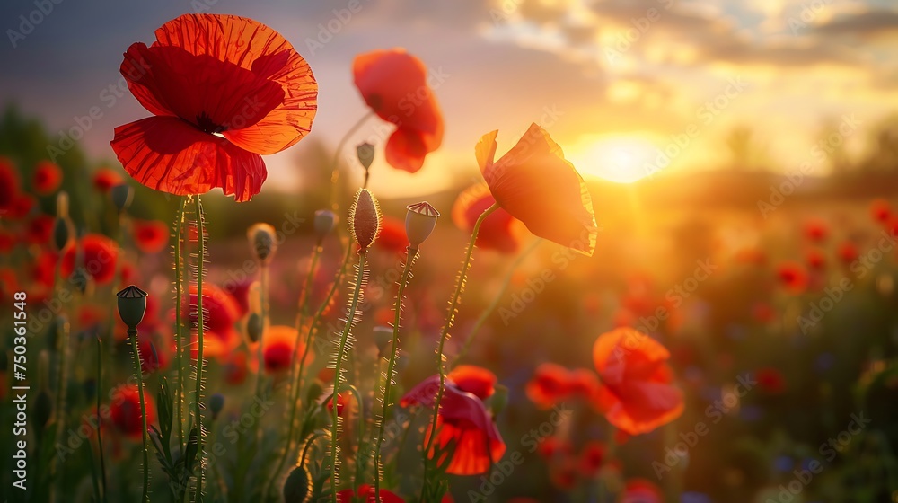 Fototapeta premium nature background with red poppy flower poppy in the sunset in the field