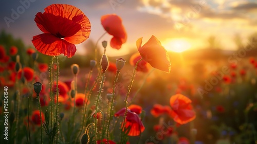 nature background with red poppy flower poppy in the sunset in the field photo