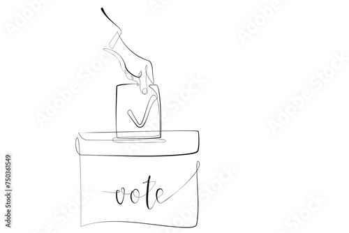 Hand putting voting paper in ballot box in continuous line drawing style. Election vote concept in linear style. Single one line style. Vector sketch illustration for design of banner, poster, flyer