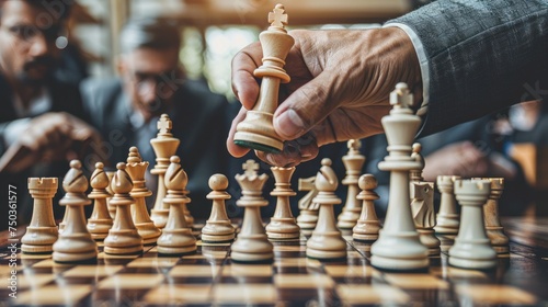 A businessman holds a chess strategy with teamwork, leadership, planning, or intelligence.
