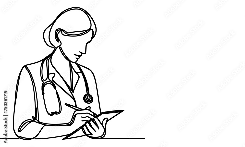 Continuous one black line art hand drawing doctors. National doctor day concept vector illustration on white background with copy space
