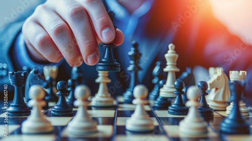 A businessman holds a chess strategy with teamwork, leadership, planning, or intelligence. photo