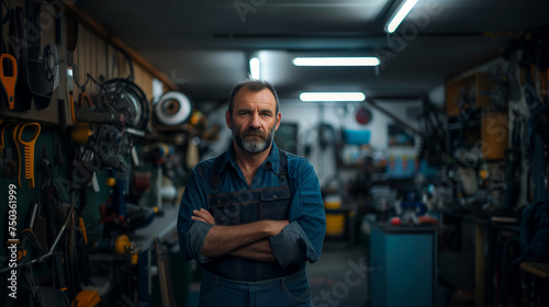 Mature car mechanic looking at the camera while standing with arms crossed in the garage photo
