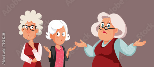 Puzzled Elderly Grannies Talking Feeling in Doubt Vector Cartoon. Stressed elderly friends thinking about something important 

