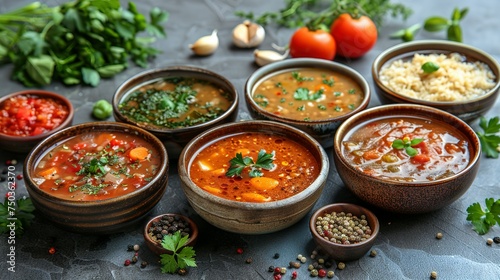 Homemade vegetarian soups and ingredients for cooking. In a bowl. Healthy food concept. Advertising photo