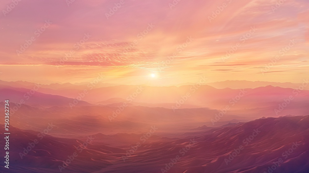 Fototapeta premium A panoramic view of the vast sky painted in hues of orange and pink as the sun sets behind the distant mountains, creating a breathtaking celestial canvas