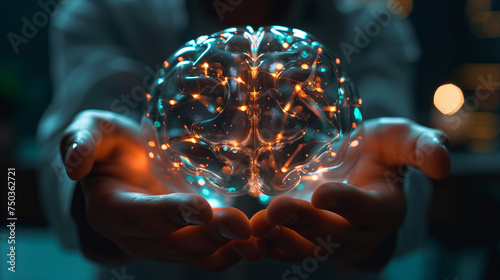 Ethical AI Development and Use. Balance of technology and humanity in ethical AI development. Human hands holding transparent, glowing orb representing an AI brain  #750362721