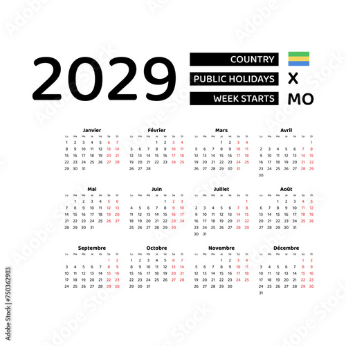 Calendar 2029 French language with Gabon public holidays. Week starts from Monday. Graphic design vector illustration.