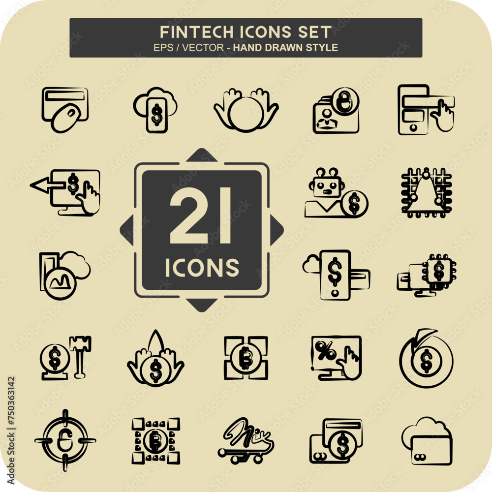 Icon Set Fintech. suitable for education symbol. hand drawn style. simple design editable