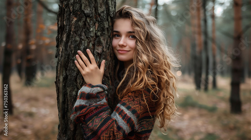 Beautiful woman hugging a tree in the forest