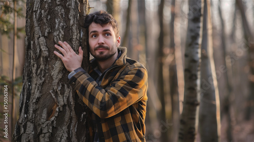 Handsome man hugging a tree in the forest