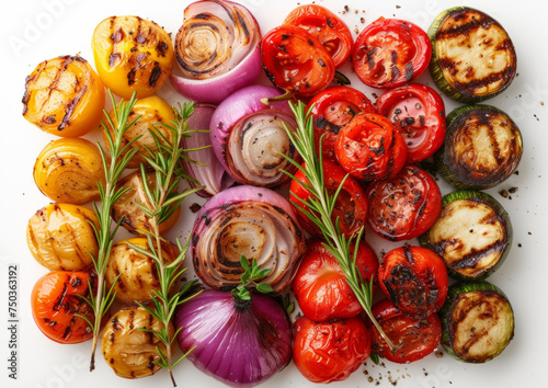 Assorted grilled vegetables on a tray, top-down view isolated on white background. Healthy and vibrant addition concept for design and print