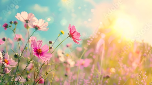 Vintage landscape nature background of beautiful cosmos flower field on sky with sunlight in spring © James