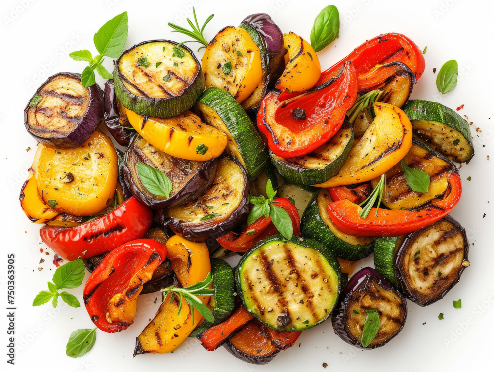 Grilled vegetable mix with zucchini, bell peppers, and eggplant, top-down view isolated on white background. Assorted grilled vegetables concept for design and print Grilled vegetable mix with zucchini, bell peppers, and eggplant, top-down view isolated on white background. Assorted grilled vegetables concept for design and print