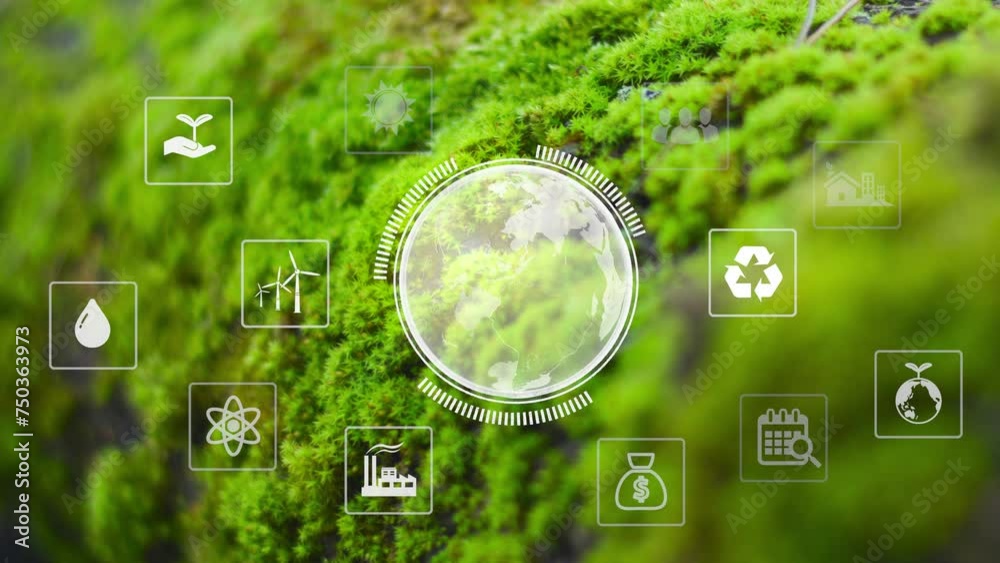 Digital green technology icons on green nature background. Space for ...