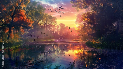 A serene nature landscape with a tranquil pond nestled in the heart of the forest during the radiant sunset, where dancing tree shadows reflect on the water, accompanied by the soothing melodies