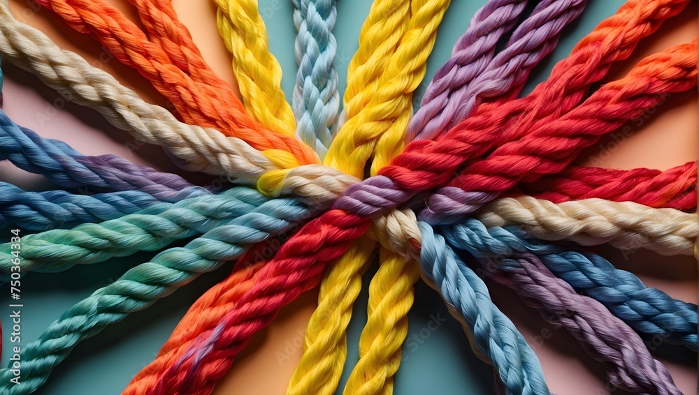 The integration of multi-colored ropes symbolizing a diverse team's strength, unity, communicating the essence of teamwork, cooperation, and mutual support on a colorful background Generative AI