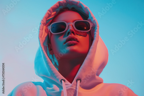 Stylish Urban Youth with White Sunglasses in a Neon Blue Light