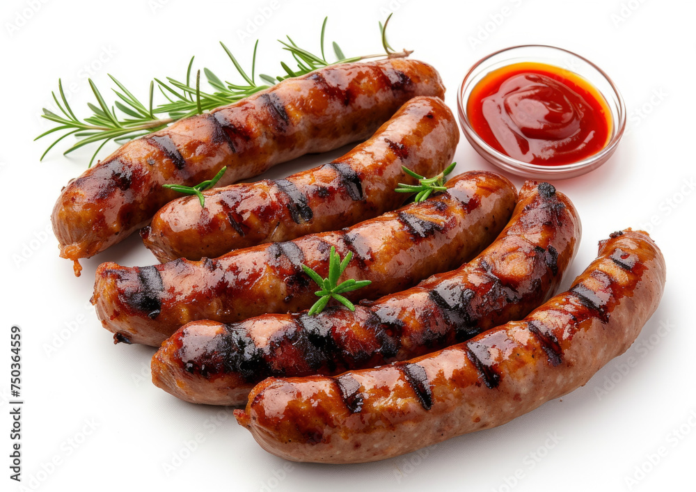 Grilled sausages with herbs and ketchup, fragrant view, top-down view on a white background Grilled sausages with herbs and ketchup, fragrant view, top-down view on a white background