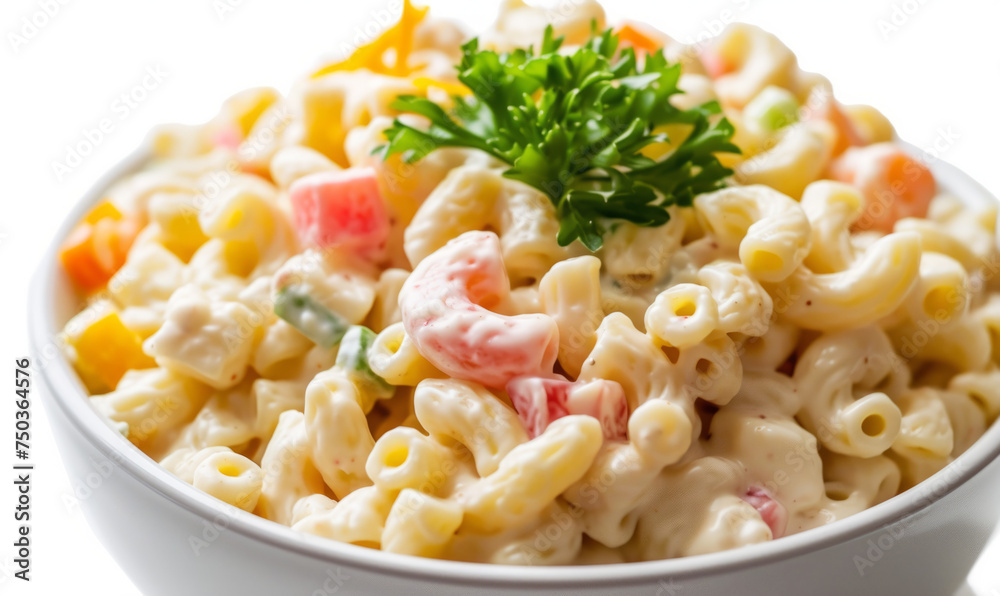 Creamy salad with pasta in a white bowl, side view on a white background. The concept of a picnic dish that must be available for design and printing Creamy salad with pasta in a white bowl, side view on a white background. The concept of a picnic dish that must be available for design and printing