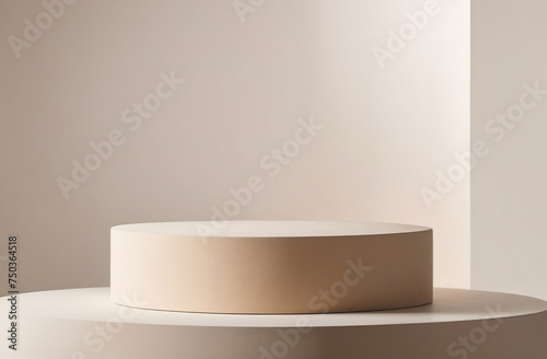 Round Podium for Cosmetic  Soap  Items Presentation. Abstract Minimal Geometric Pedestal. Cylinder Two Forms  Soft Shadow. Scene to Show Product  Object. Showcase  Display Case. Stand. Beige Backdrop