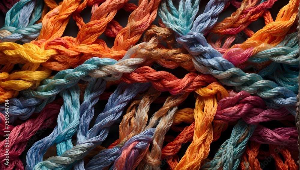 A network of colorful ropes, intricately woven to showcase the concept of a strong, empowered team, emphasizing diversity, teamwork, and the importance of communication and support Generative AI