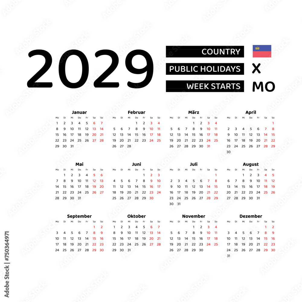 Calendar 2029 German language with Liechtenstein public holidays. Week starts from Monday. Graphic design vector illustration. Calendar 2029 German language with Liechtenstein public holidays. Week starts from Monday. Graphic design vector illustration.