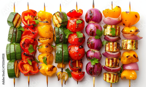 Grilled vegetable skewers, top-down view isolated on white background. Colorful and healthy barbecue concept for design and print © Flow_control