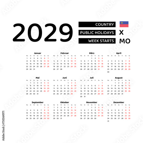 Calendar 2029 German language with Liechtenstein public holidays. Week starts from Monday. Graphic design vector illustration.