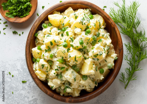 Creamy potato salad in a brown bowl, top-down view isolated on white background. Classic side dish concept for Memorial Day design and print
