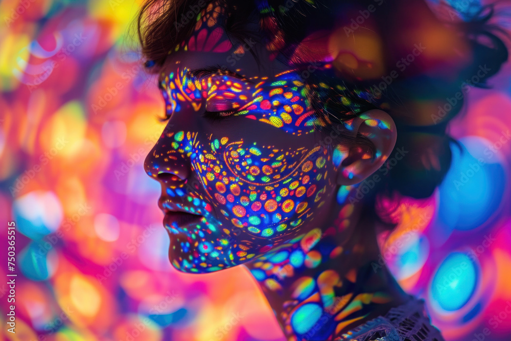 Woman with Psychedelic UV Face Paint Against a Backdrop of Vivid Bokeh Lights