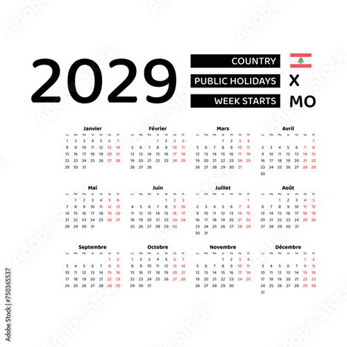 Calendar 2029 French language with Lebanon public holidays. Week starts from Monday. Graphic design vector illustration.