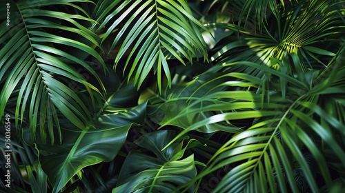 Tropical palm leaves. Jungle core, exotic plants lush wallpaper. 