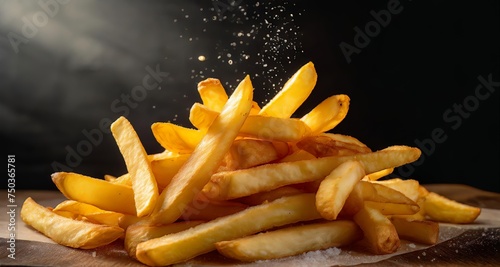 French Fries Close Up Against the contrast of a black background  a heap of golden French fries