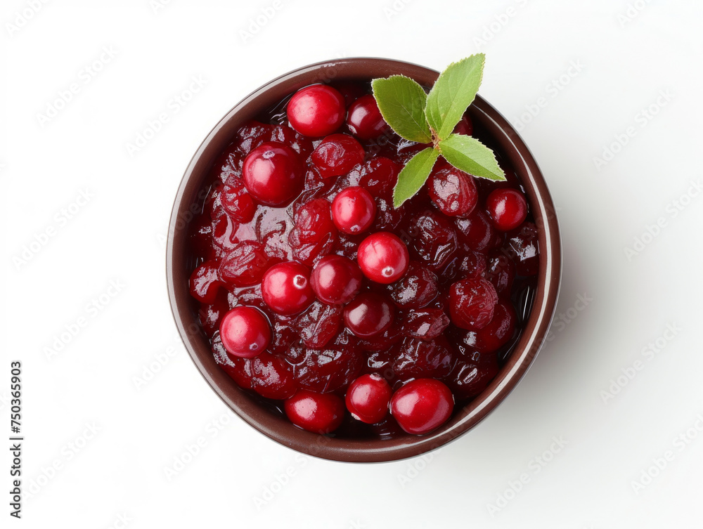 Cranberry sauce in a bowl with whole cranberries, top-down view isolated on white background. Sweet and tangy condiment concept for design and print