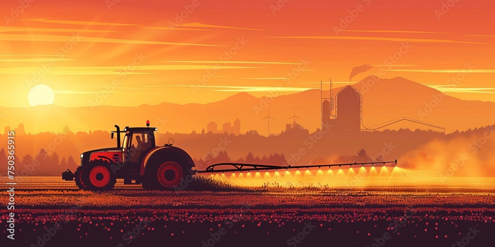 Fototapeta premium Irrigation Tractor Illustration at Sunset