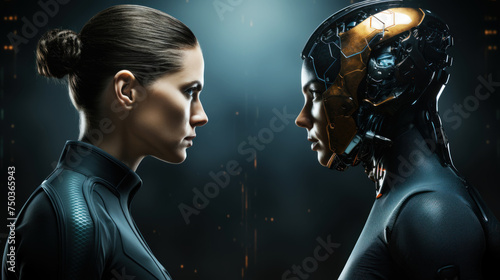 The concept of future technologies. AI and humans are looking at each other. Generative AI