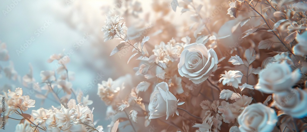 Elevate your event with floral finesse using a top-view banner featuring delicate wedding flowers and copy space.
