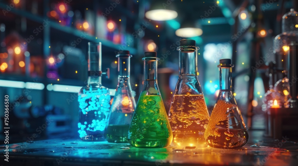 Fantasy laboratory glassware with mysterious green, orange, and blue glowing liquids. Fantasy laboratory glassware with mysterious green, orange, and blue glowing liquids.