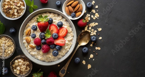 Oatmeal Breakfast Composition Generate a top down view of a hearty bowl of oatmeal © Prashant