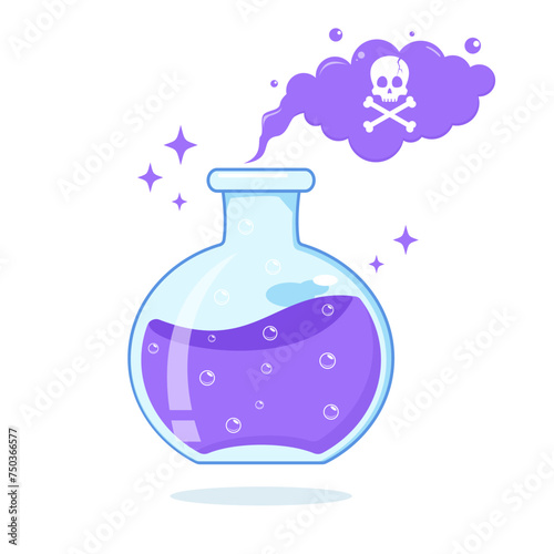 Purple magic poison in a glass bottle with smelling purple cartoon fart cloud vector illustration