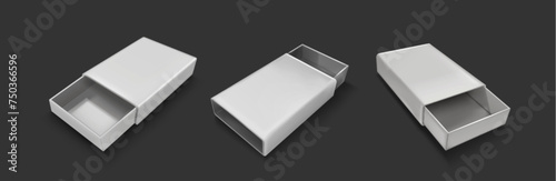 Open slide box mockup. Realistic vector illustration set of white blank carton package with sleeve. Empty pack in form of drawer for gift or goods postage concept. Cardboard matchbox template.