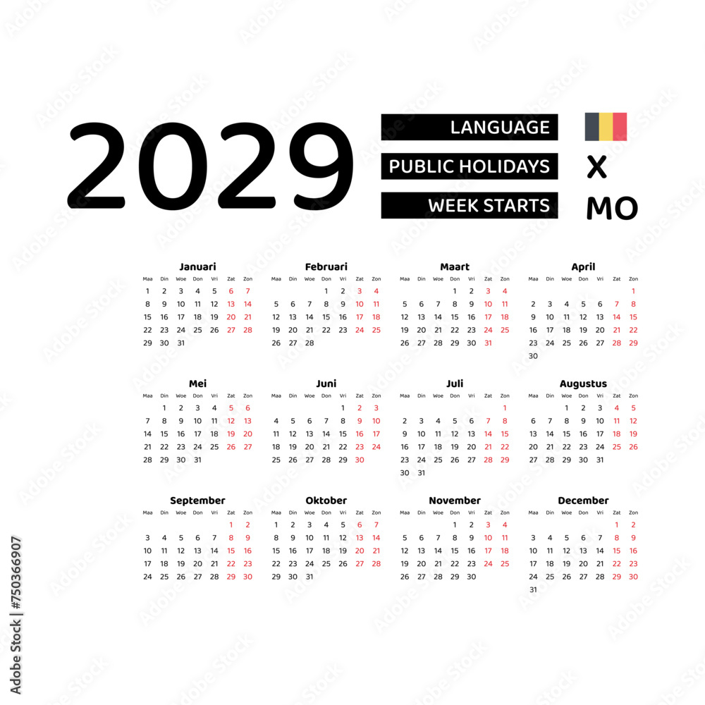 Calendar 2029 Dutch language with Belgium public holidays. Week starts from Monday. Graphic design vector illustration.