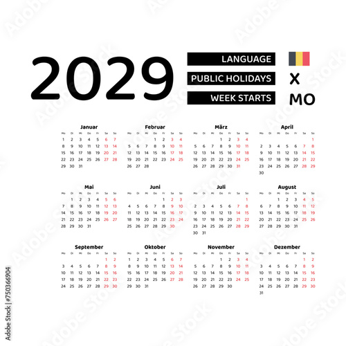 Calendar 2029 German language with Belgium public holidays. Week starts from Monday. Graphic design vector illustration.