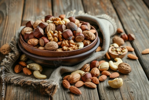 Closeup view of mixed nuts in a bowl on a wooden table
